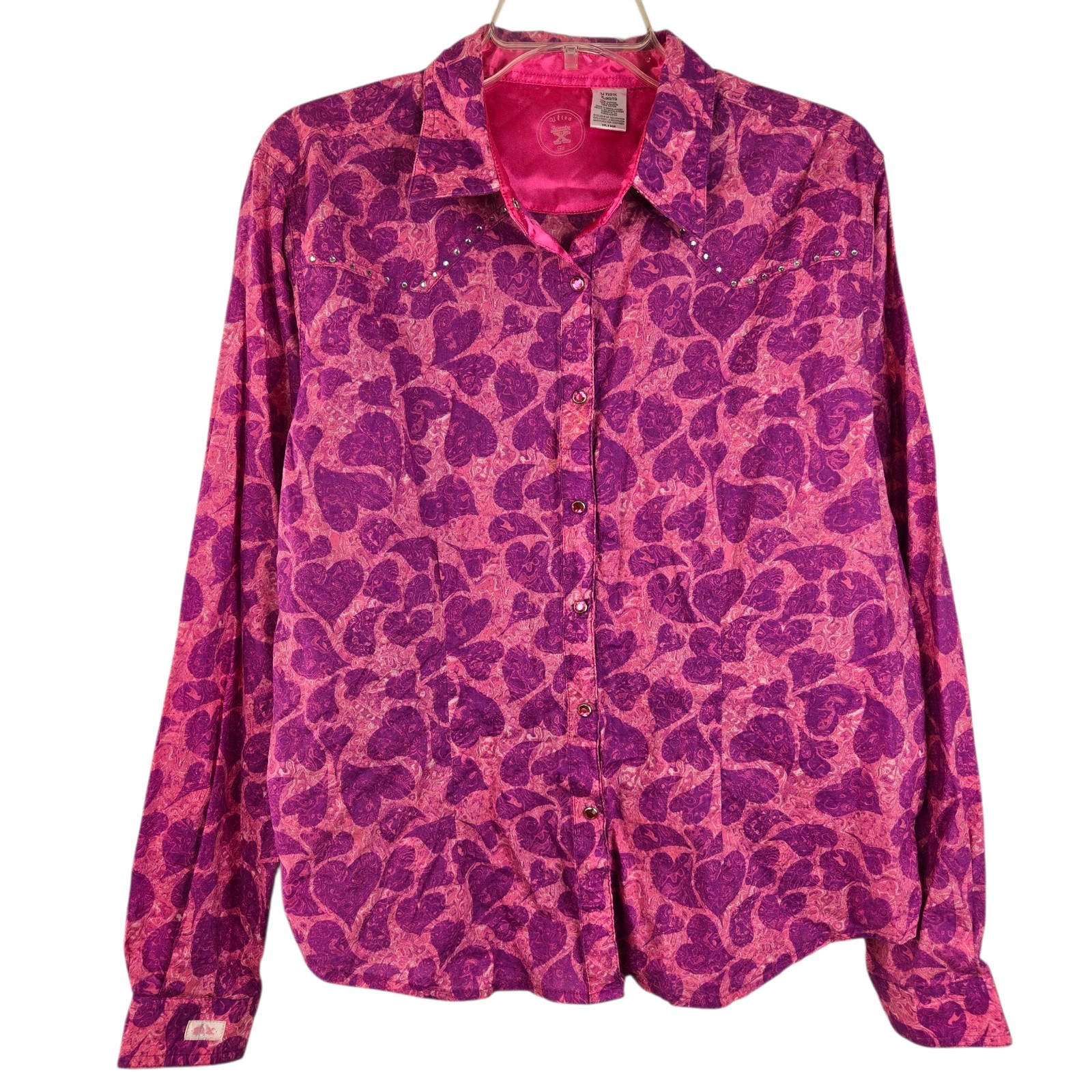 20X Wrangler Women’s Shirt XL Rhinestone Snap Button Heart Print Western Pink