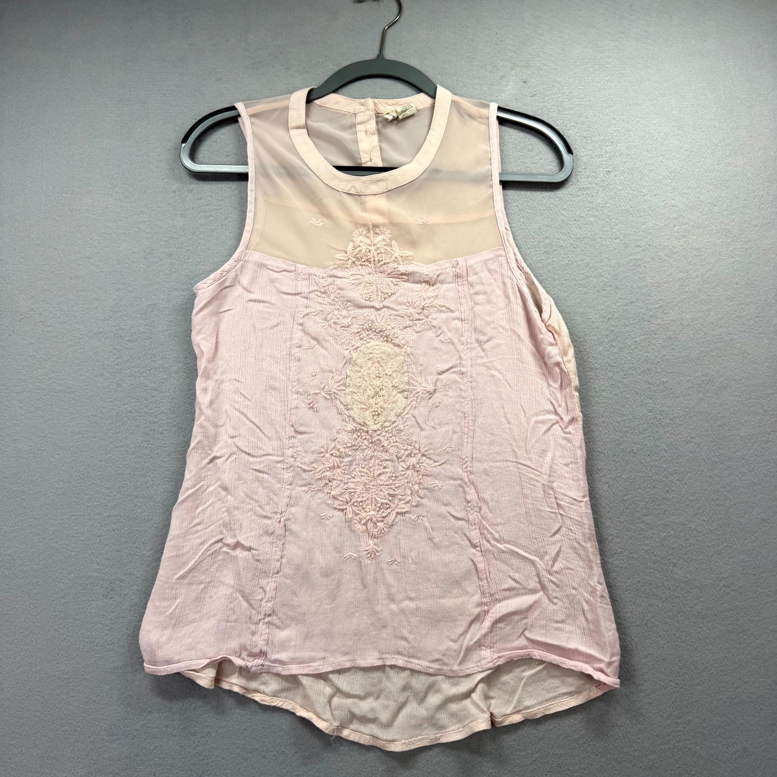 Japna Tank Top Womens Large Pink Beige Sheer Rayon Lace Beaded Embroidered Crew