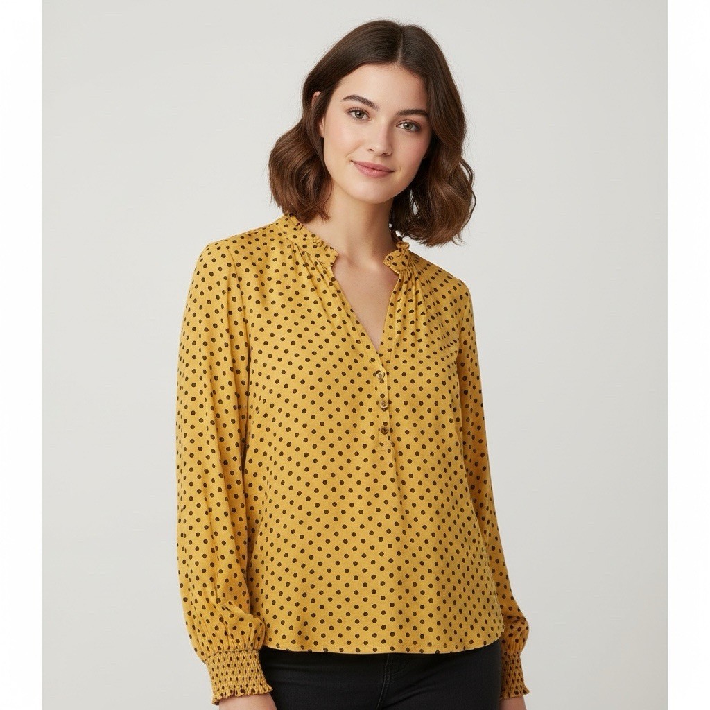 Maeve Women Long Sleeve Blouse Mustard Boho Polka Dot Sz S Career Classic Modern