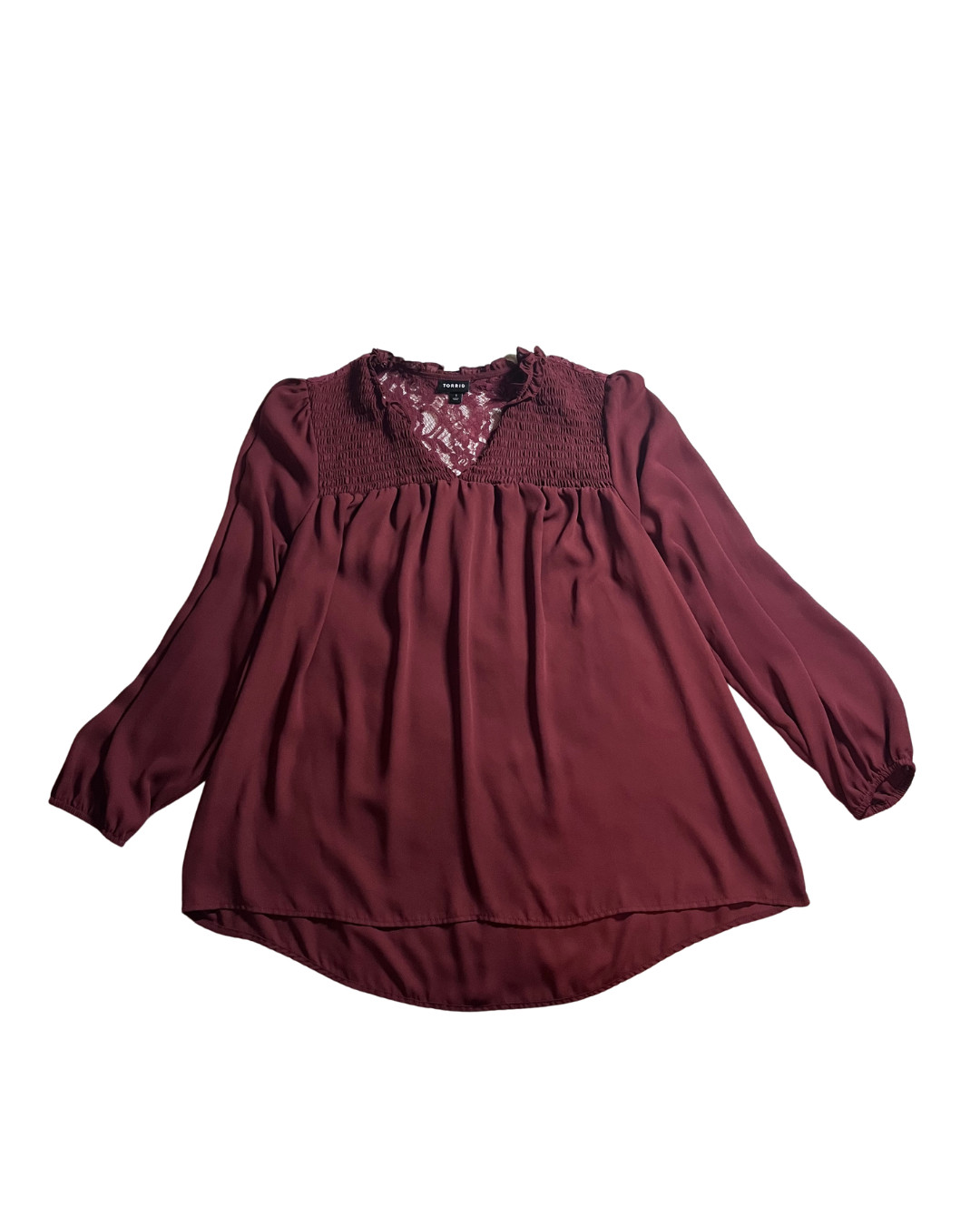 Torrid Women’s Size 1 Burgundy Lace Smocked Babydoll Blouse Long Sleeve Boho 1X