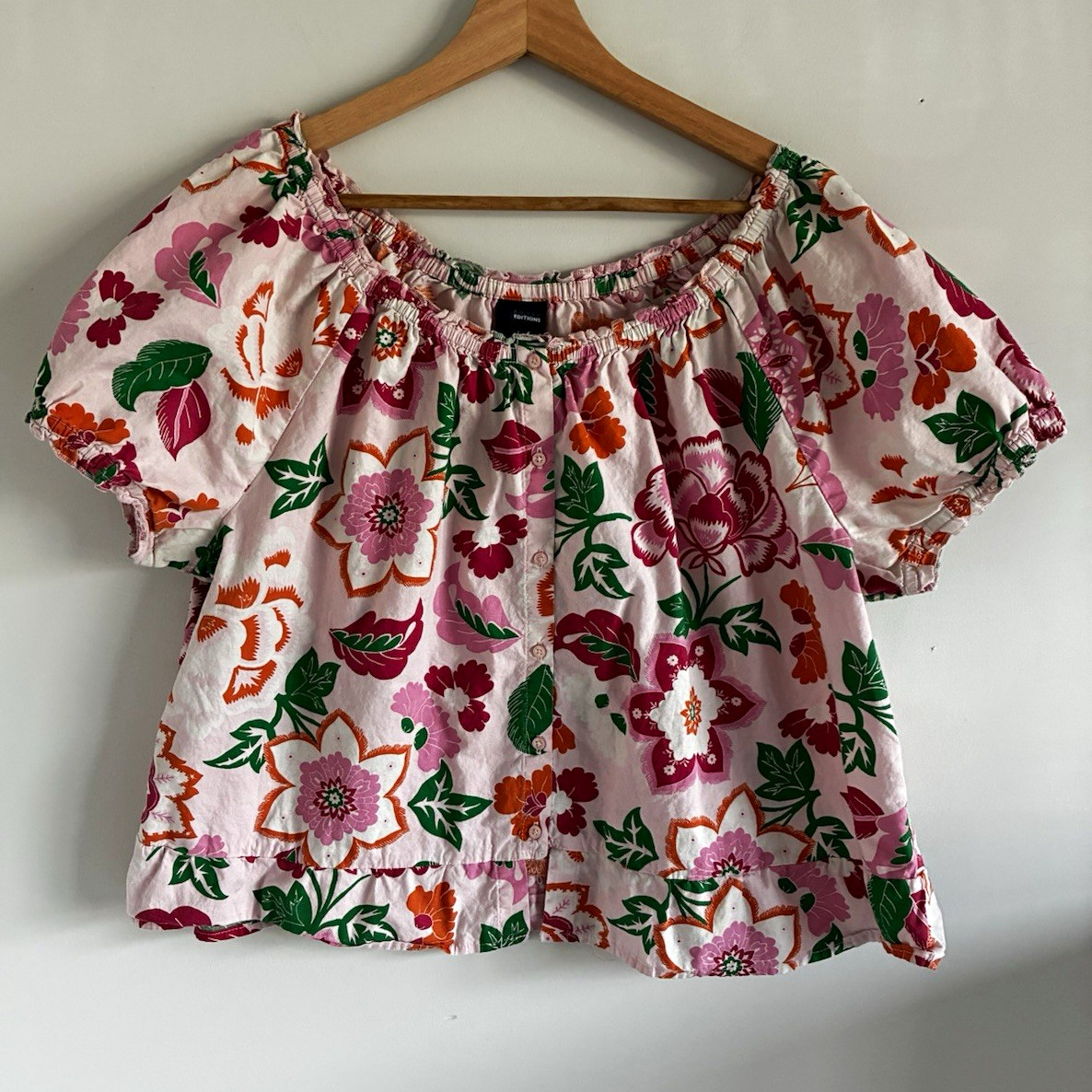 BasicEditions Floral Off Shoulder Peasant Blouse Ruffle Pink XL boho Cottagecore