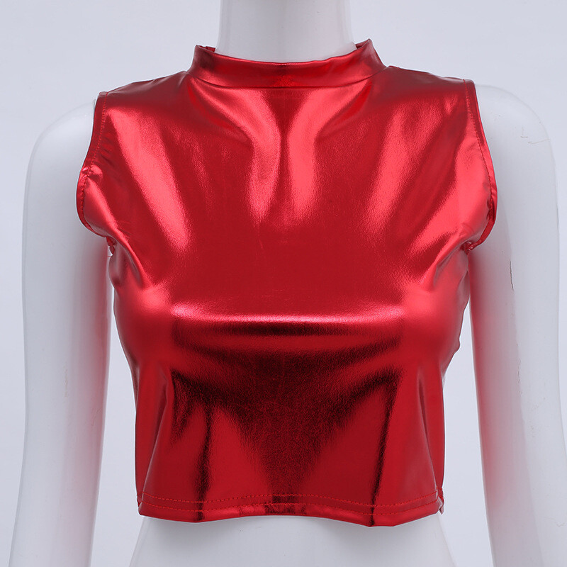 Women Metallic Shiny Cropped Top Shirt Stage Dance Vest Costage Tee Sleeveless