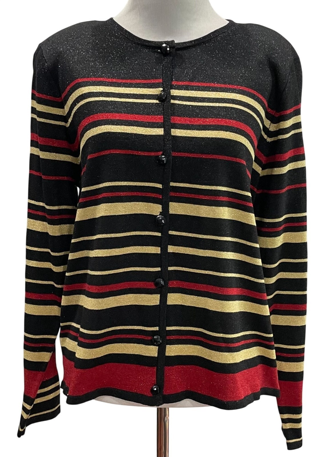 Vintage 80s 90s Alfred Dunner Striped Cardigan PL Black Red Metallic Retro Glam