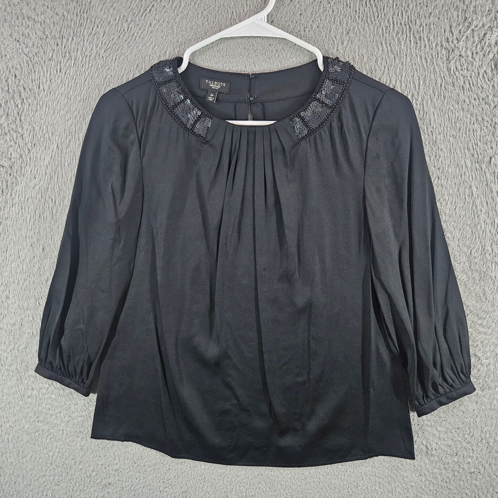 Talbots Petites Black Silk Blend Sequin Beaded Neckline Blouse Top 2P Womens