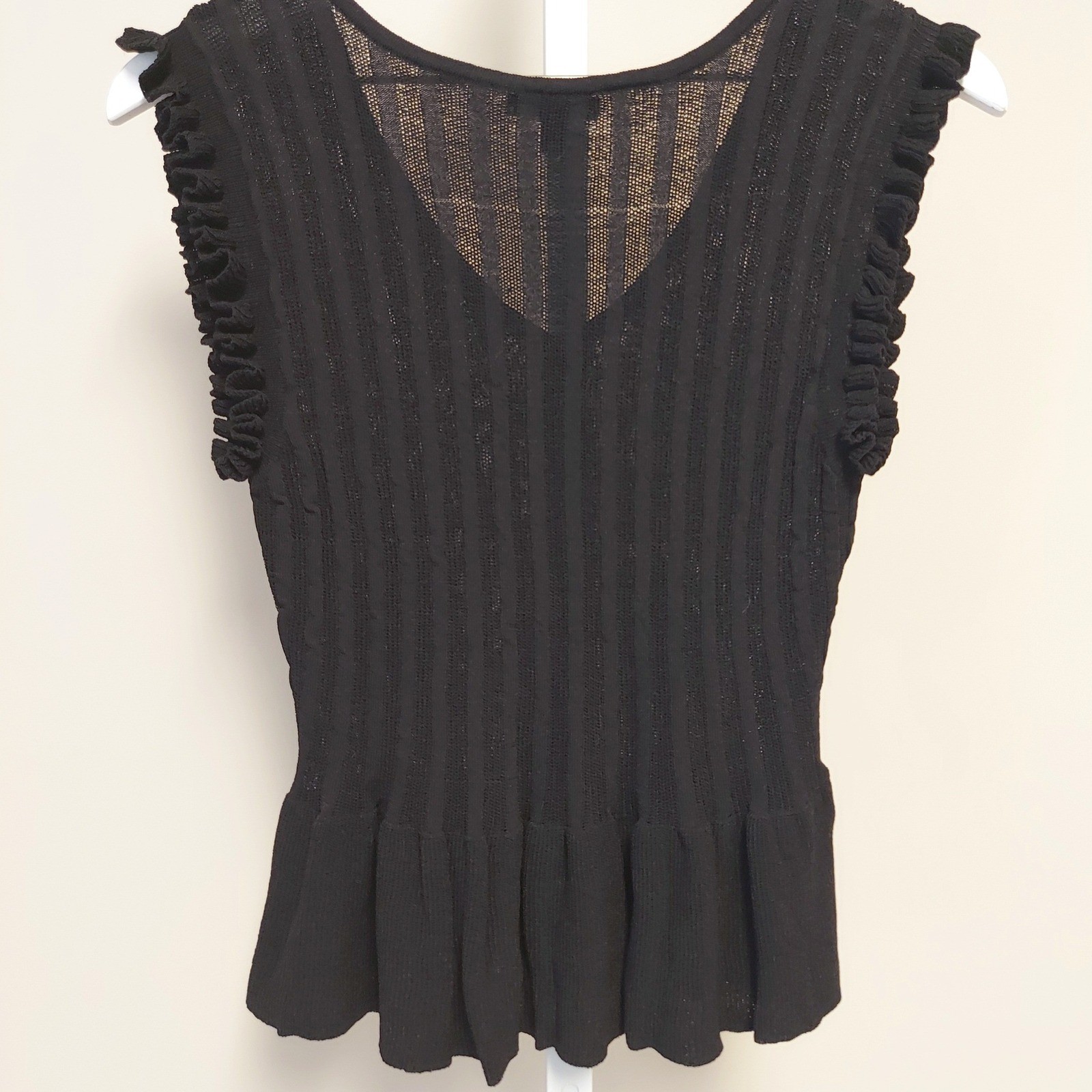 Versona Womens Black Ribbed Knit Peplum Top V-Neck Ruffle L Whimsigoth Coquette