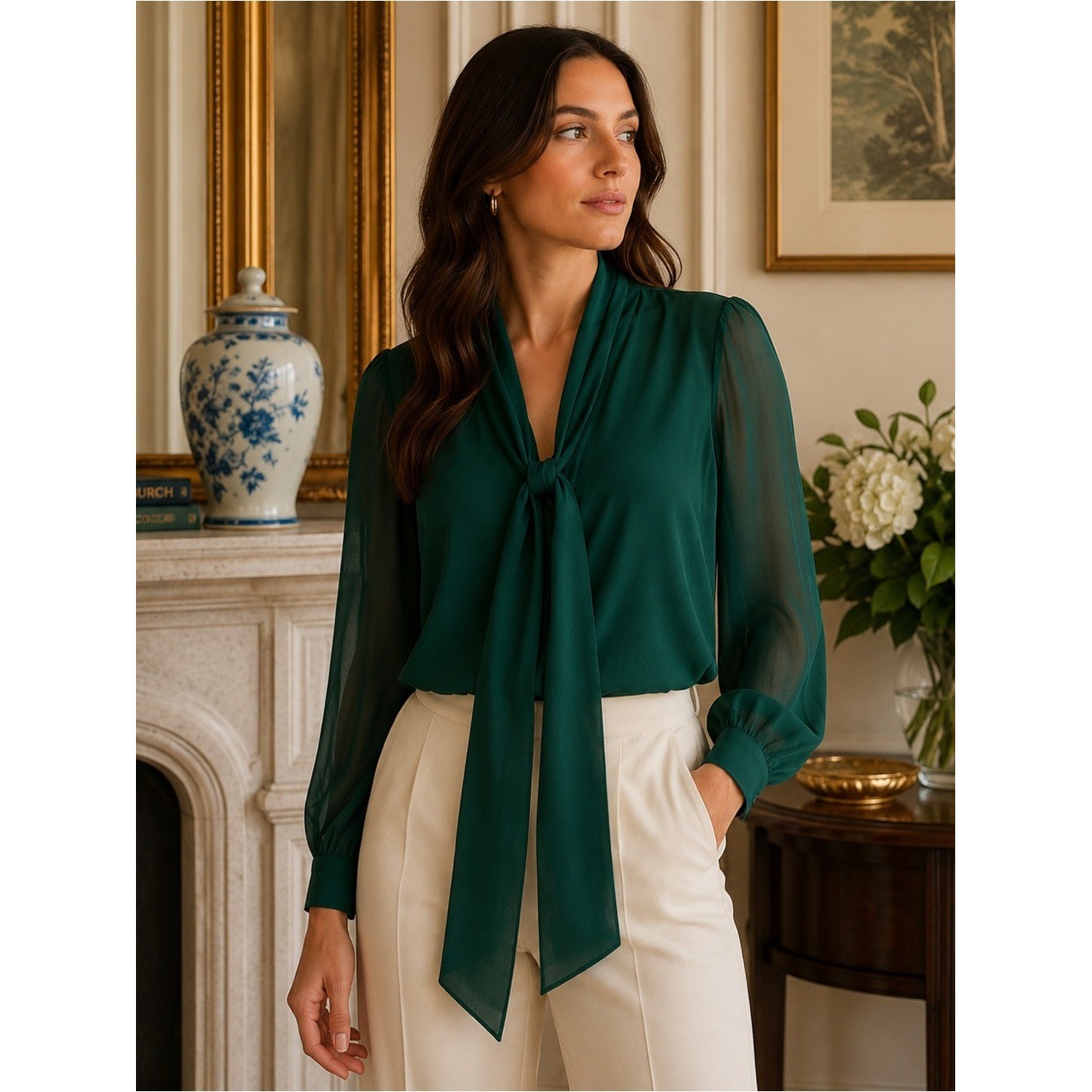 Tory Burch Women’s Size 10 Green Silk Tie Neck Long Sleeve Blouse