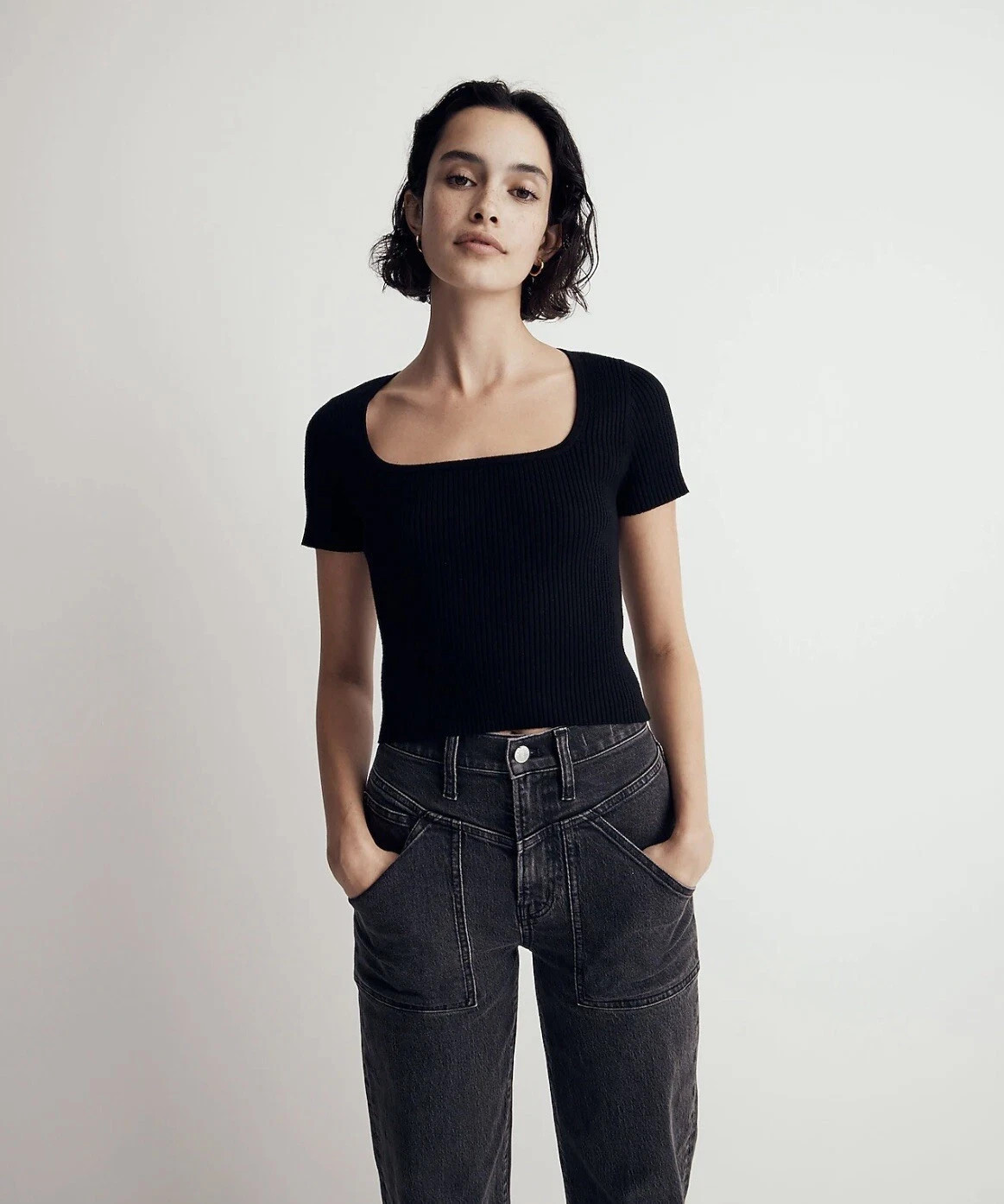 Madewell Top Womens Large Black Cropped Ribbed Knit Square Neck Short Sleeve