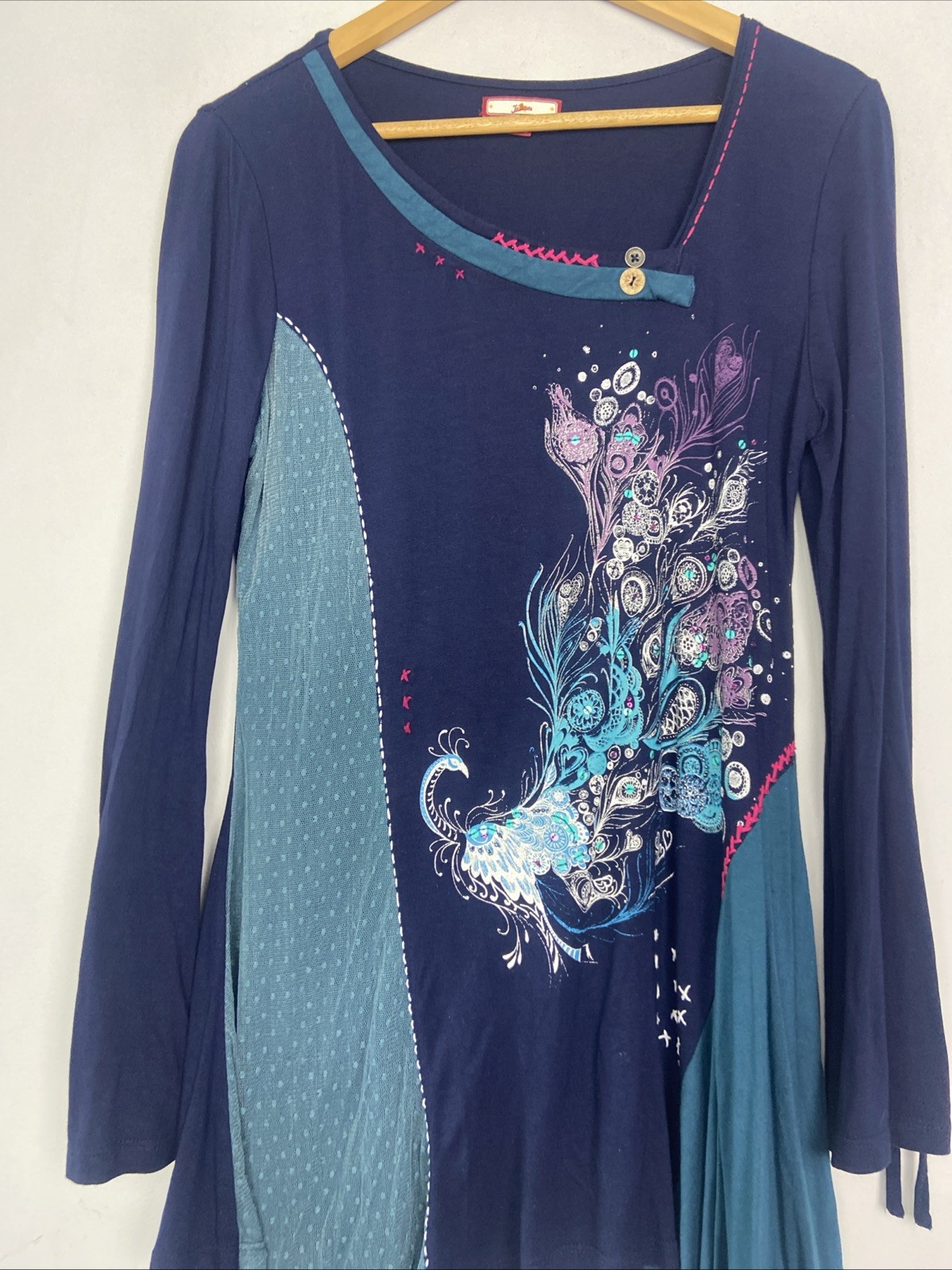 Joe Browns Top Womens Size 12 Blue Peacock Long Sleeve 90’s Y2K Floaty Gypsy