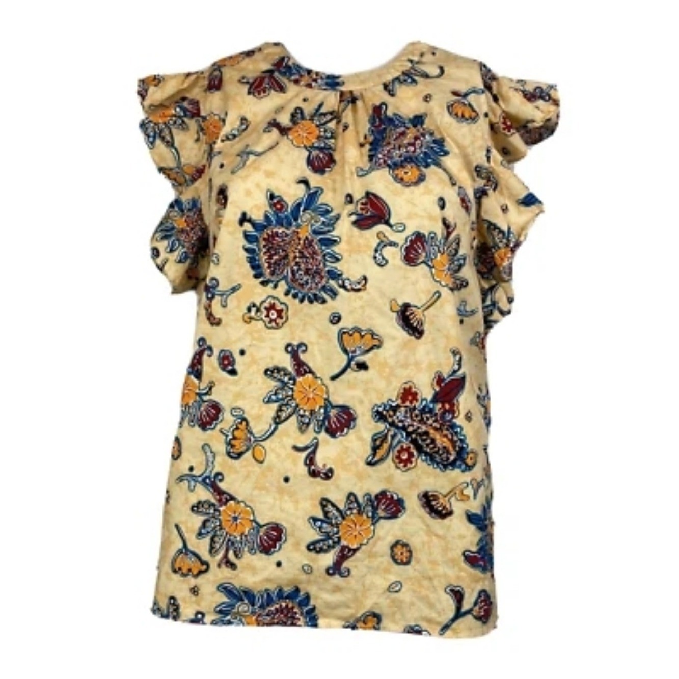 Elie Tahari Yellow Floral Blouse with Blue & Maroon Motif