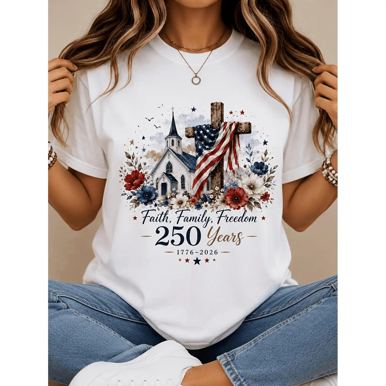 Faith Family Freedom 1776-2026 Cross Floral Patriotic Plus Size Women’s Summer T