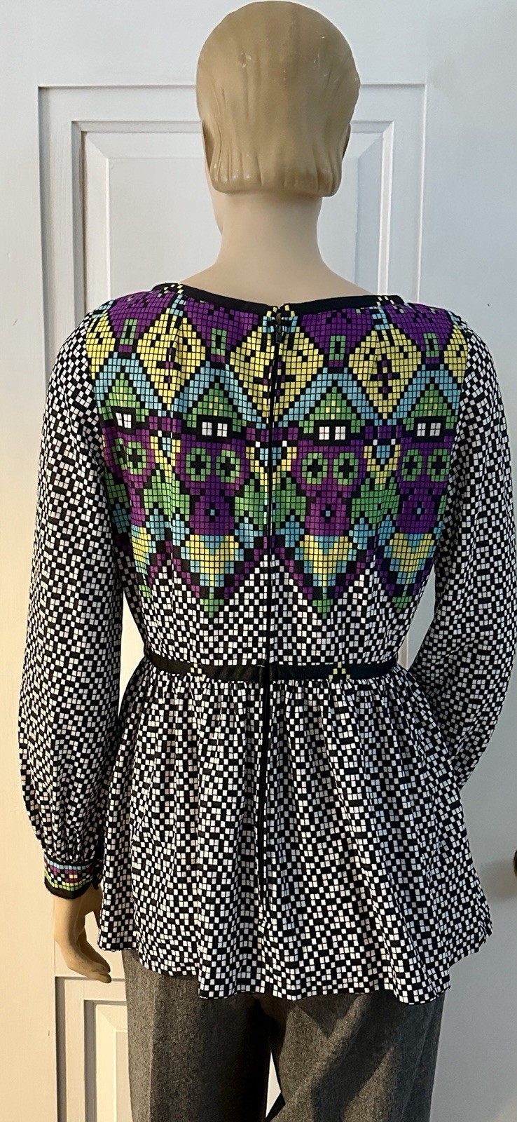 Vintage I.Magnin Graphic Blouse Empire Waist Pixelated B&W Checkerboard Morphew