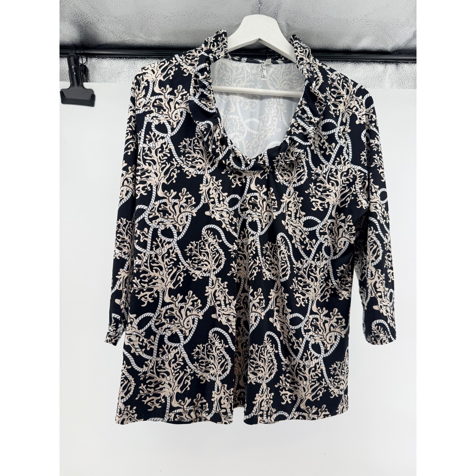 Lulu-B Womens Ruffle Cowl Neck Top Nautical Coral Rope Print Black Tan Medium