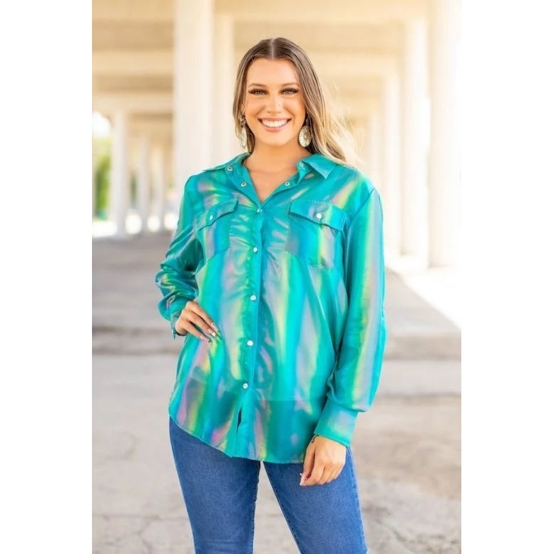 NWT Lucky & Blessed Jade Iridescent Organza Button Up Blouse Size Small