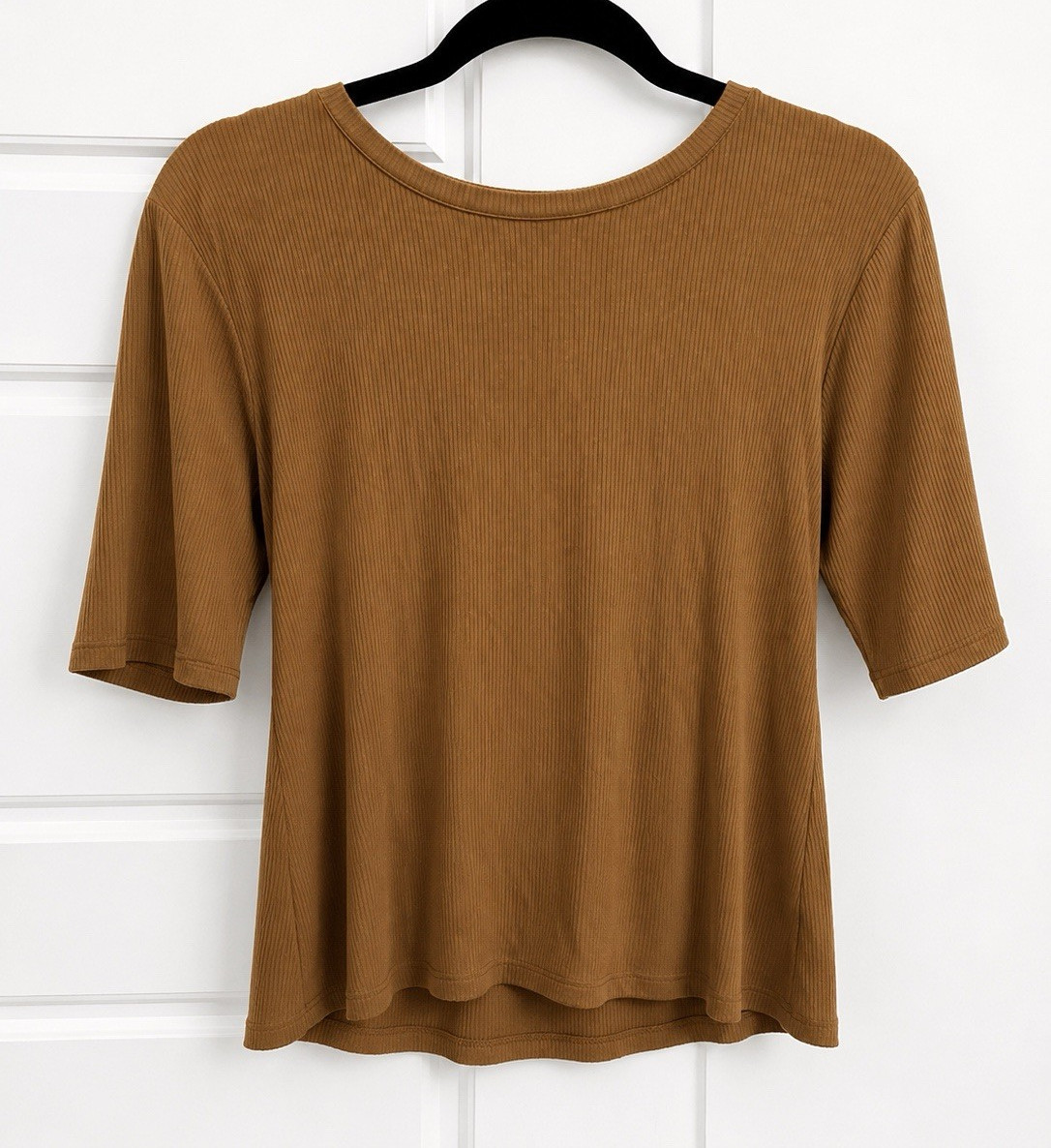 Nine West Soft Spun Ribbed Top Brown Boat Neck Stretch Knit Women’s Large