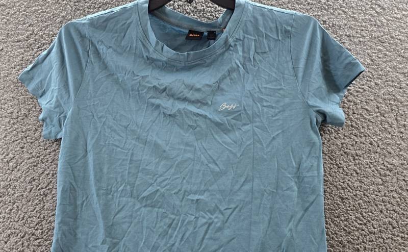 BOSS Orange Script Logo T-Shirt Women’s L Open Blue Round Neck Short Sleeve