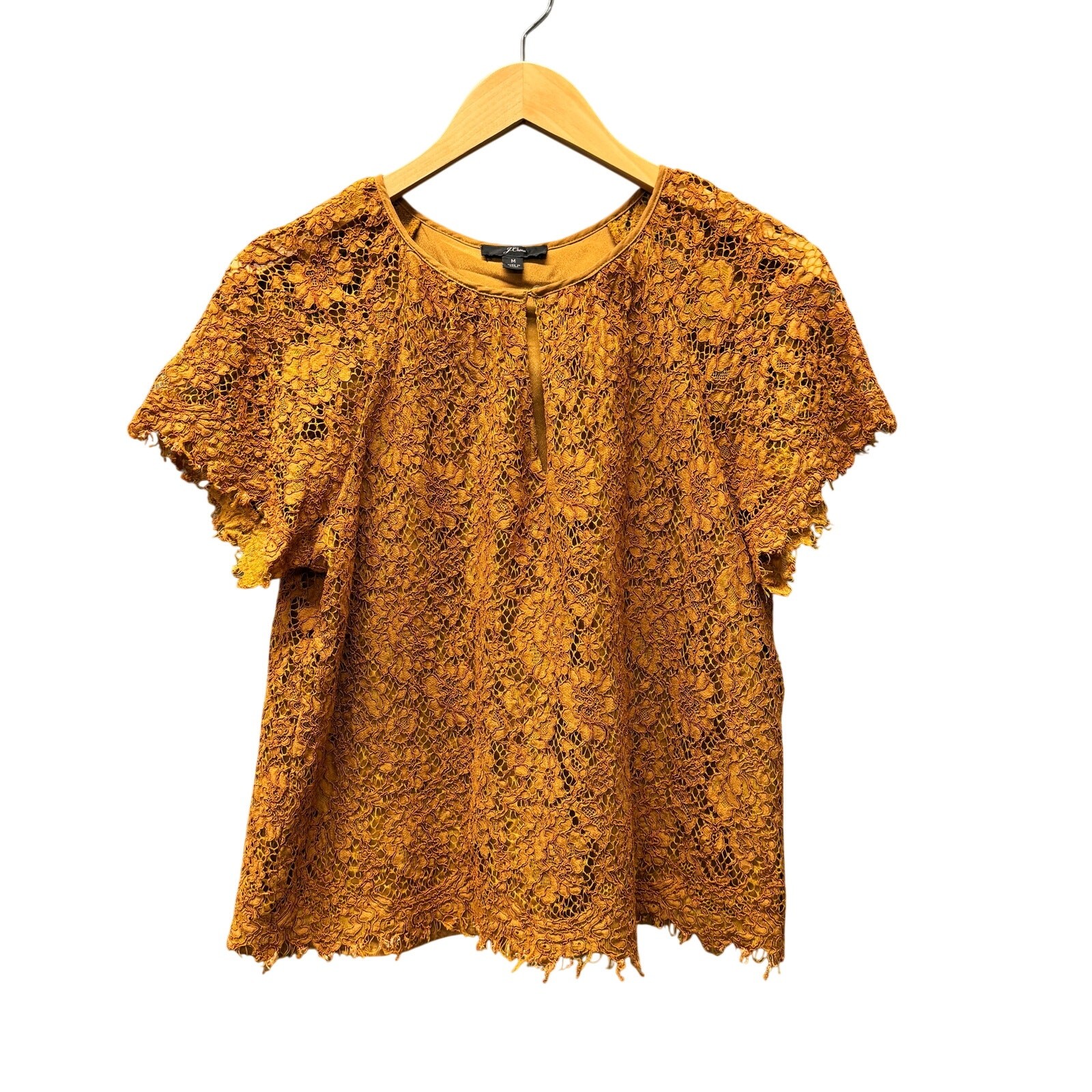 J Crew Blouse Lace Overlay Keyhole Front Copper Pullover Top Womens Medium