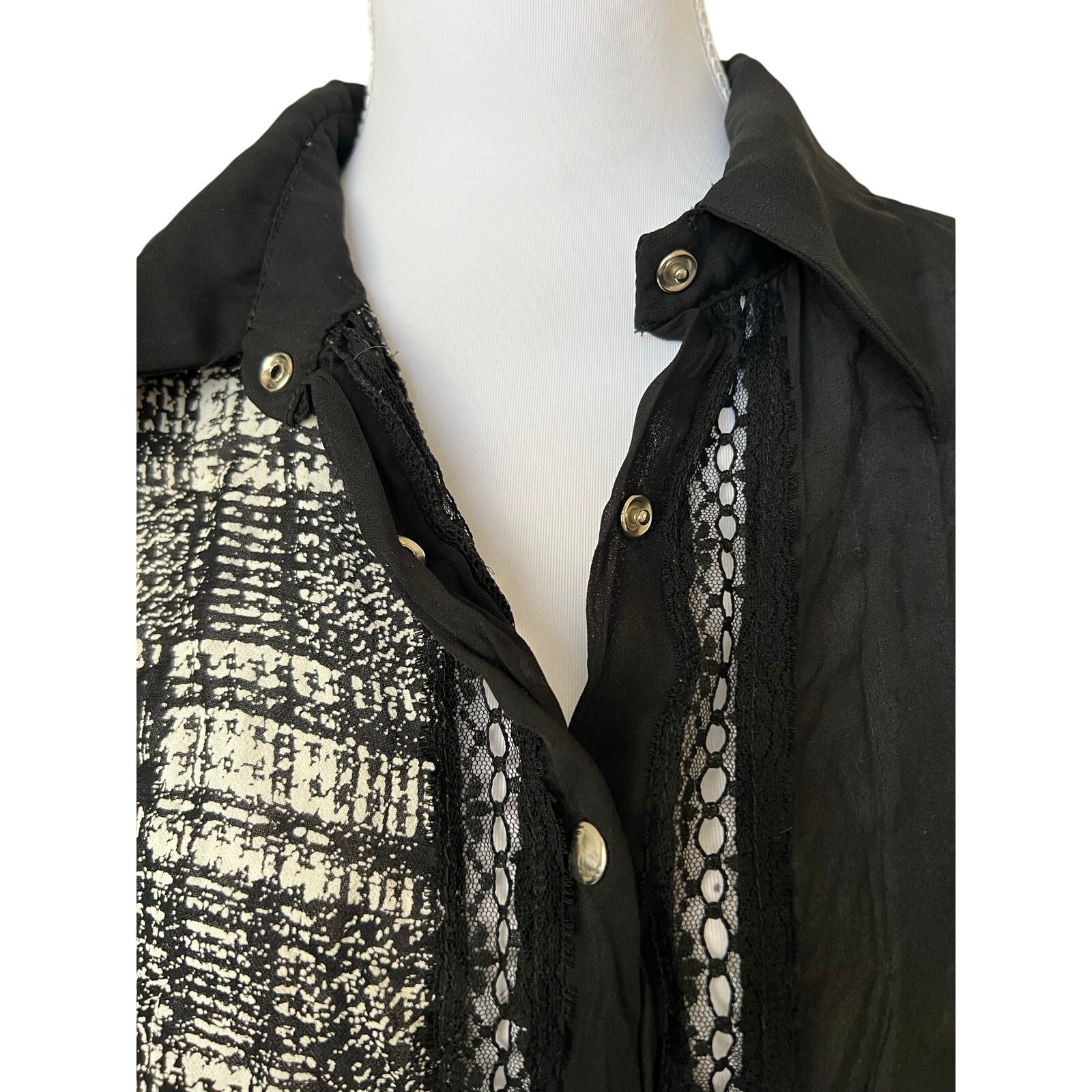 Vie Nocturne Paris Sheer Oversized Shirt Lace Mixed Print Artsy Button Up
