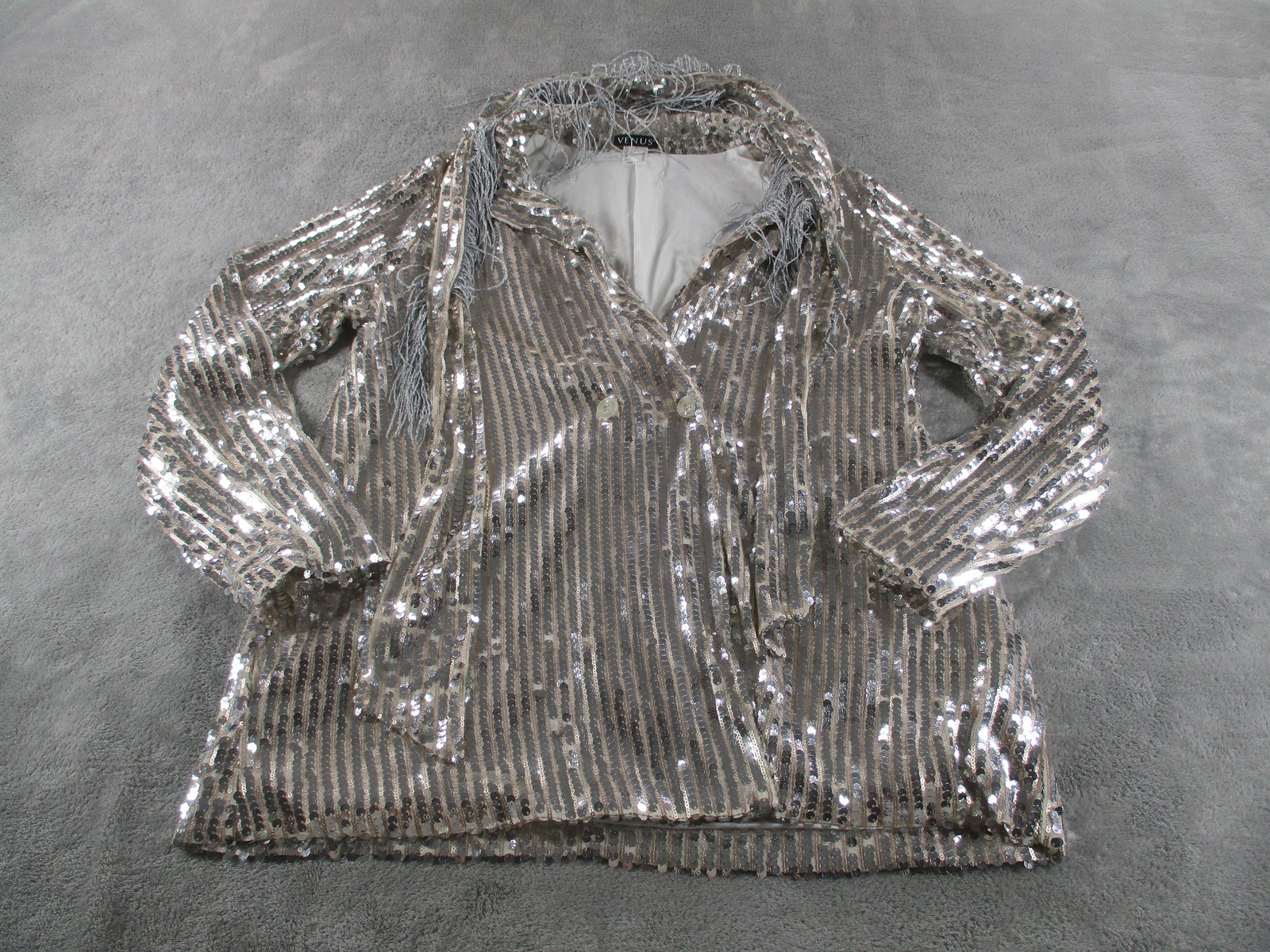 Venus Button-Up Tunic Womens 14 Silver Sequin Fringe Mesh Lined Stretch