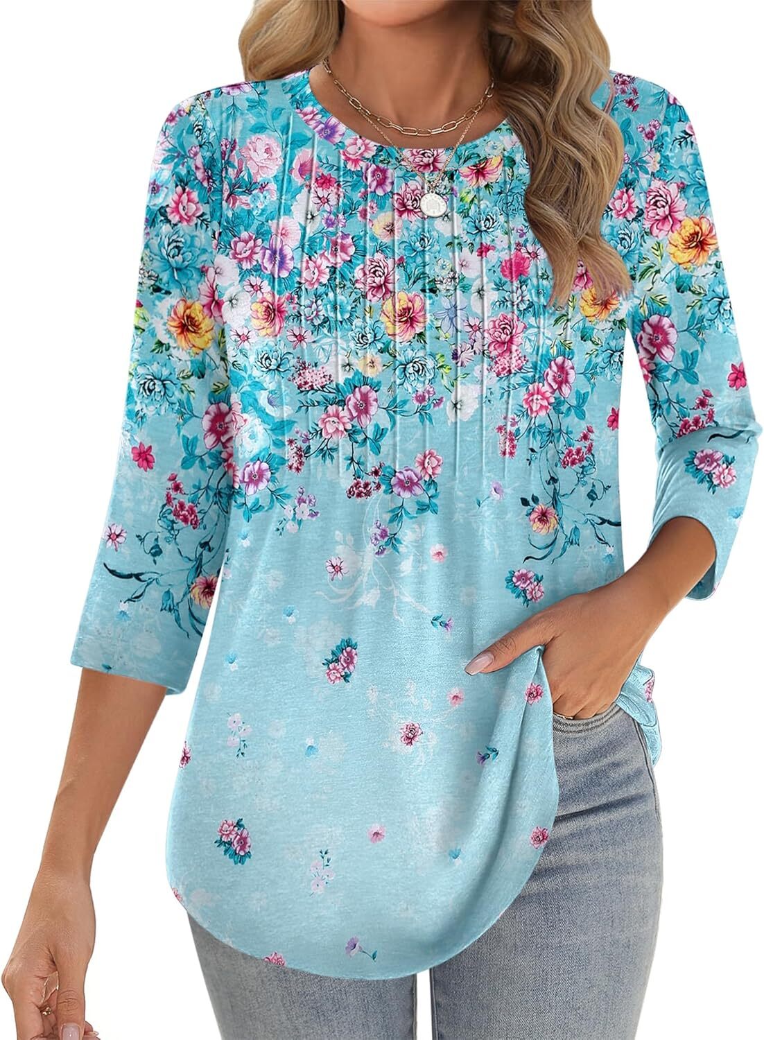 Womens 3/4 Sleeve Tunic Top Loose Fit Pleated Crew Neck Summer Casual Blouse