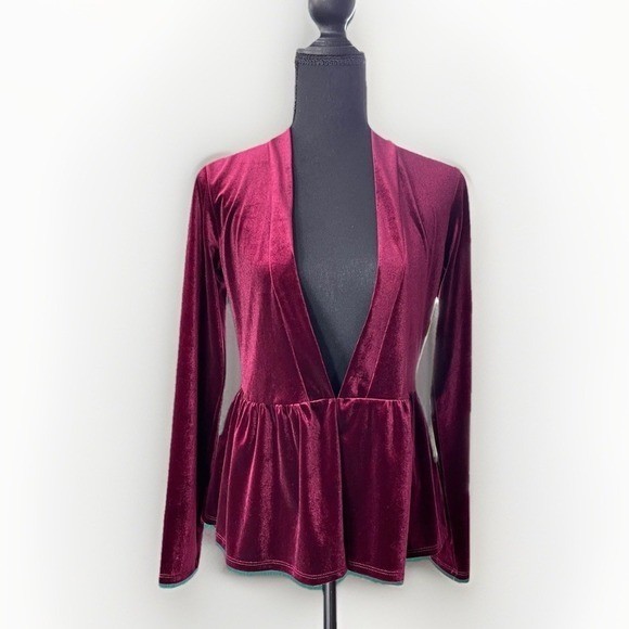 ModCloth Velvet Peplum Top Womens XS Burgundy Long Sleeve Witchy Whimsygoth