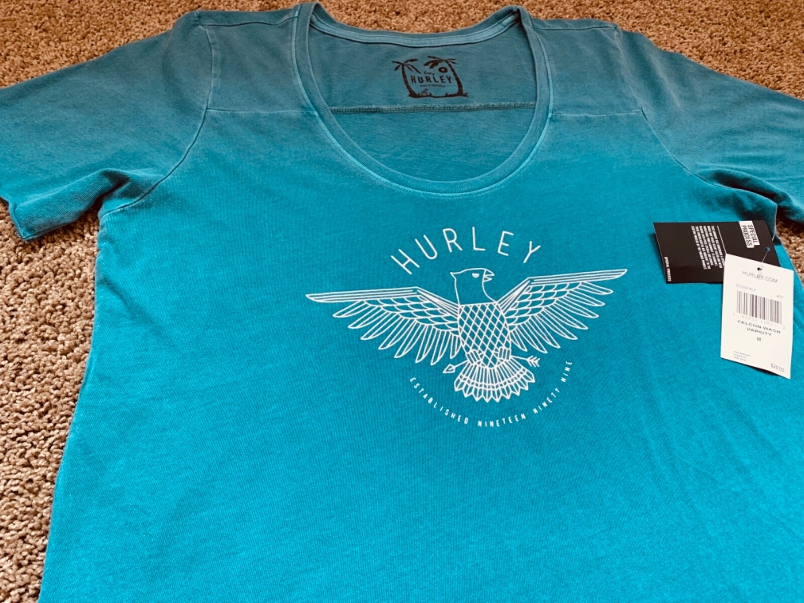 $29 BRAND NEW HURLEY WOMENS WOMEN’S T SHIRT CREW TEE BLUE FALCON WASH VARSITY