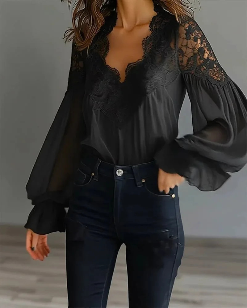 Blusa Mujer Color Sólido V-cuello Encaje Manga Farol Elegante Oficina