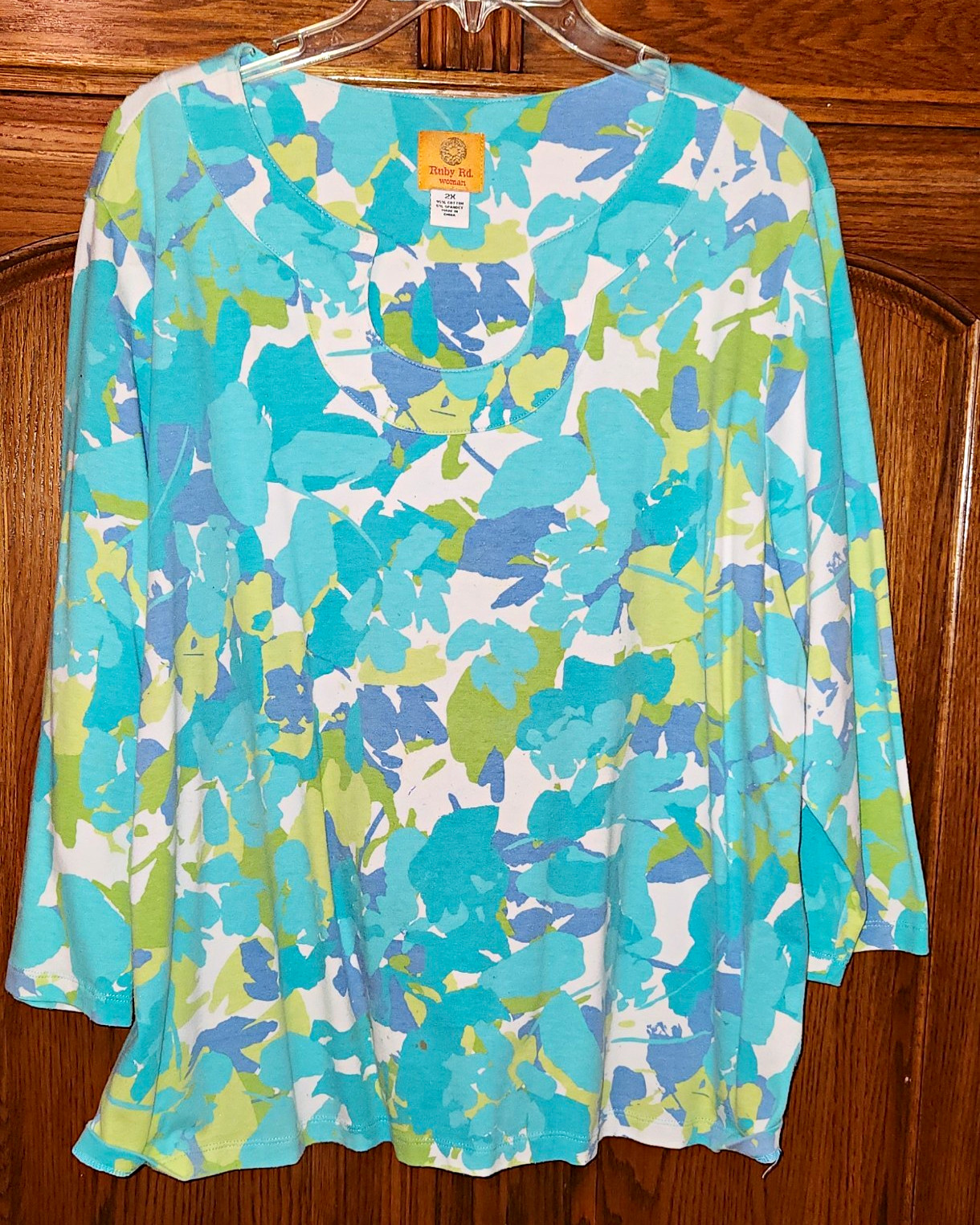 Ruby Rd. Women’s Plus 2X Floral Knit Top Blue Green White Scoop Neck Stretch