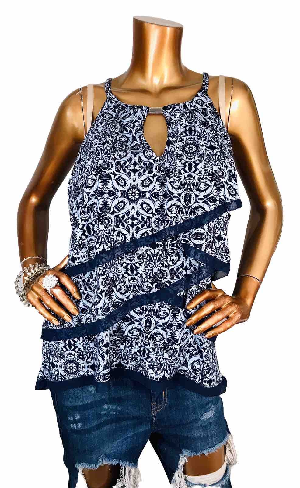 WHBM L Top Stretch Floral Multi Print Layered Sleeveless Keyhole Blouse Halter