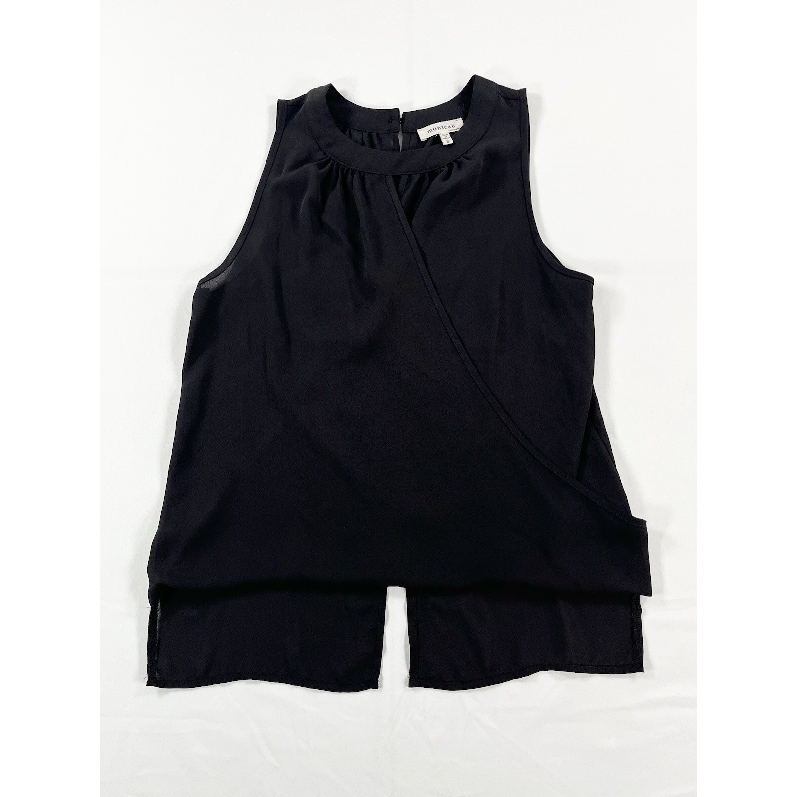 Monteau Blouse Womens S Black Sleeveless Faux Wrap Asymmetrical Hem Pleated Top