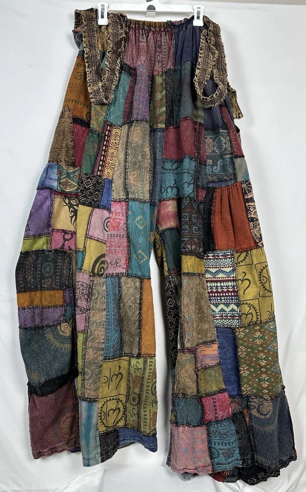 Multicolor BOHO Patchwork Cotton Wide-Leg Bib Overall Ruffle Straps Pockets Plus