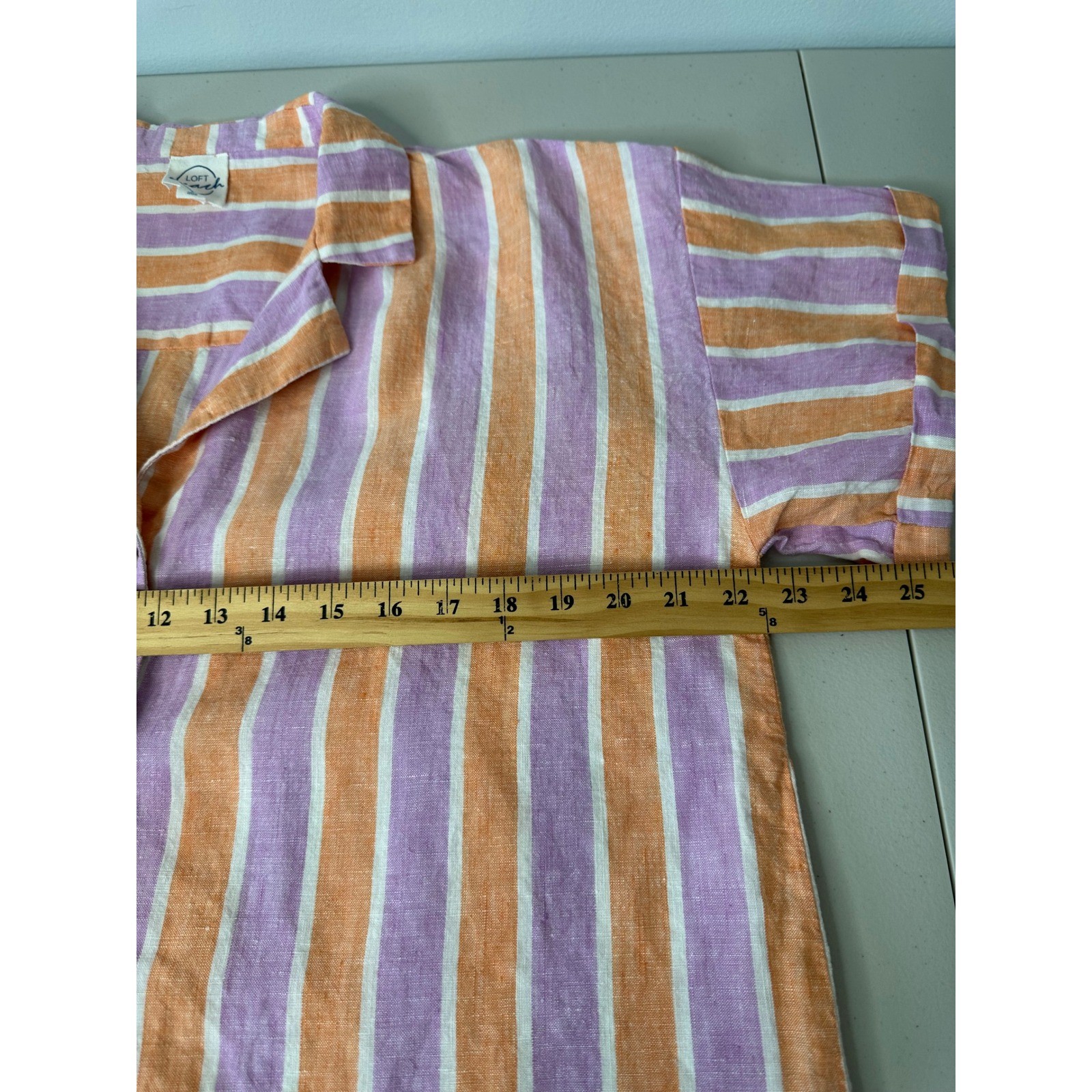 Loft Beach Linen Button up Shirt Size L Orange Purple Striped Short Sleeve Boxy