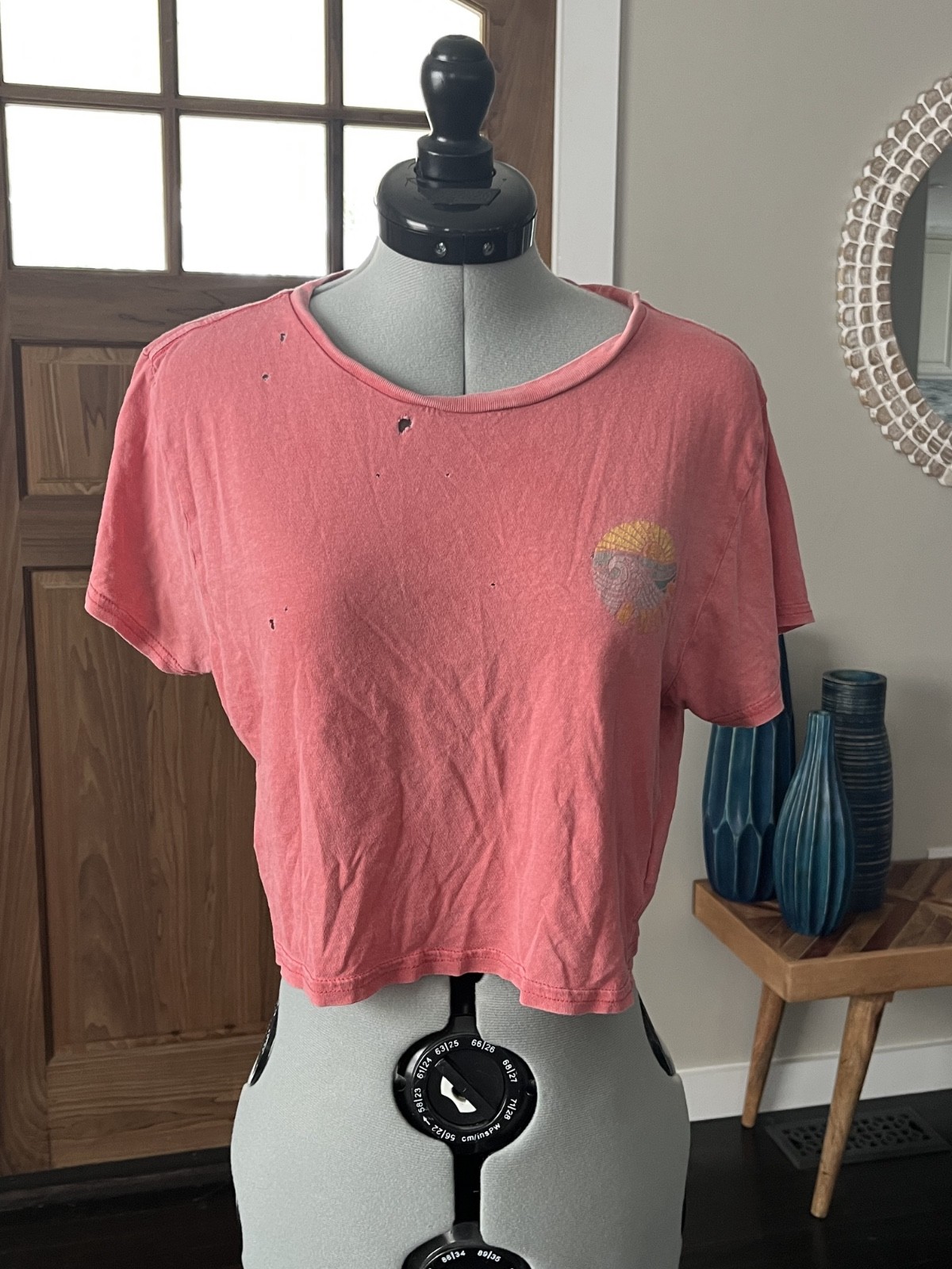 Womens Distressed Crop T Shirt Coral Pink Graphic Tee Beach Grunge Short Sleeve