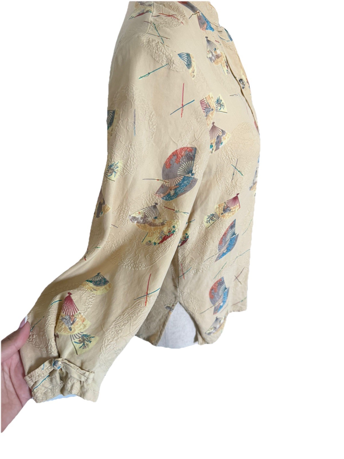 CITRON Santa Monica Silk Art to Wear Asian Fan Print Mandarin Collar Top Size S