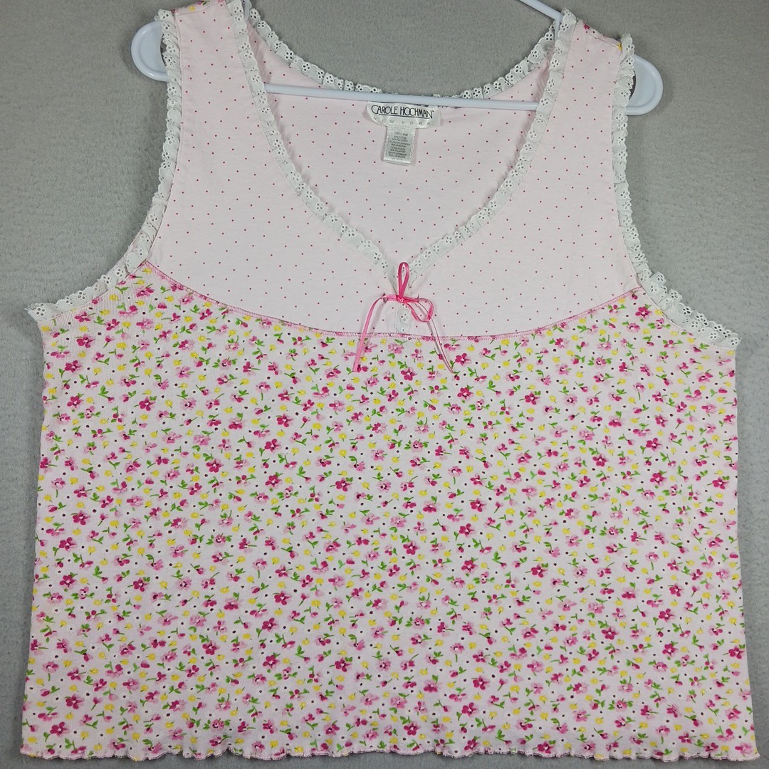 Carole Hochman Women’s White and Pink Floral Sleeveless Top Size XL Lace Fringe