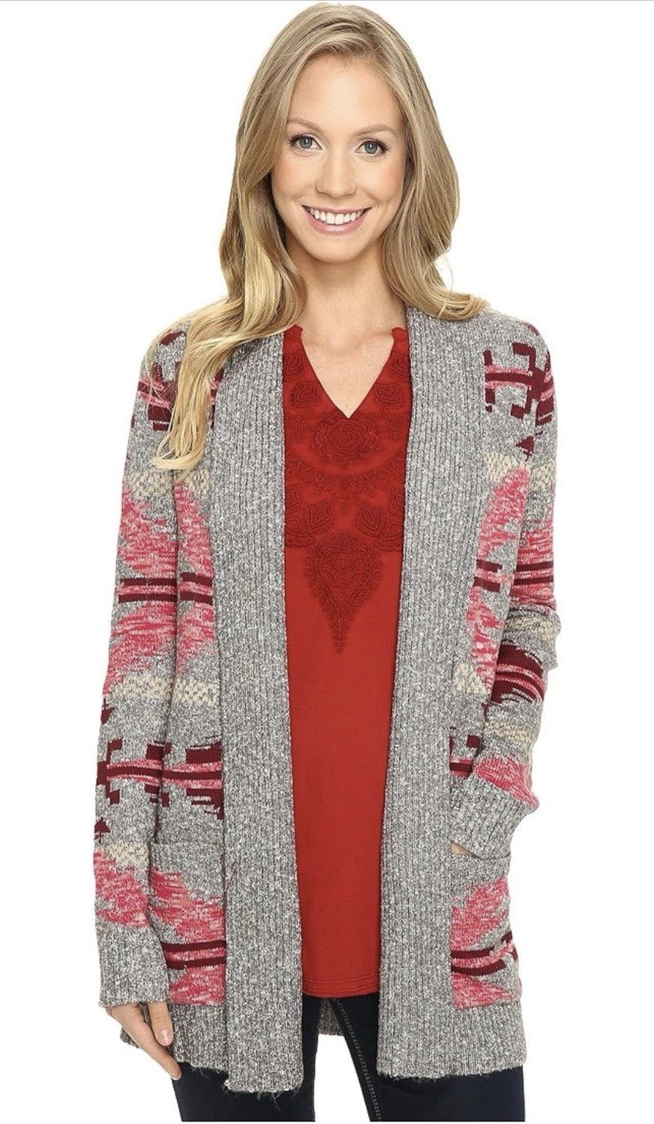 Lucky Brand Gray Pink Aztec Western Print Open Knit Cardigan Sweater Size Small