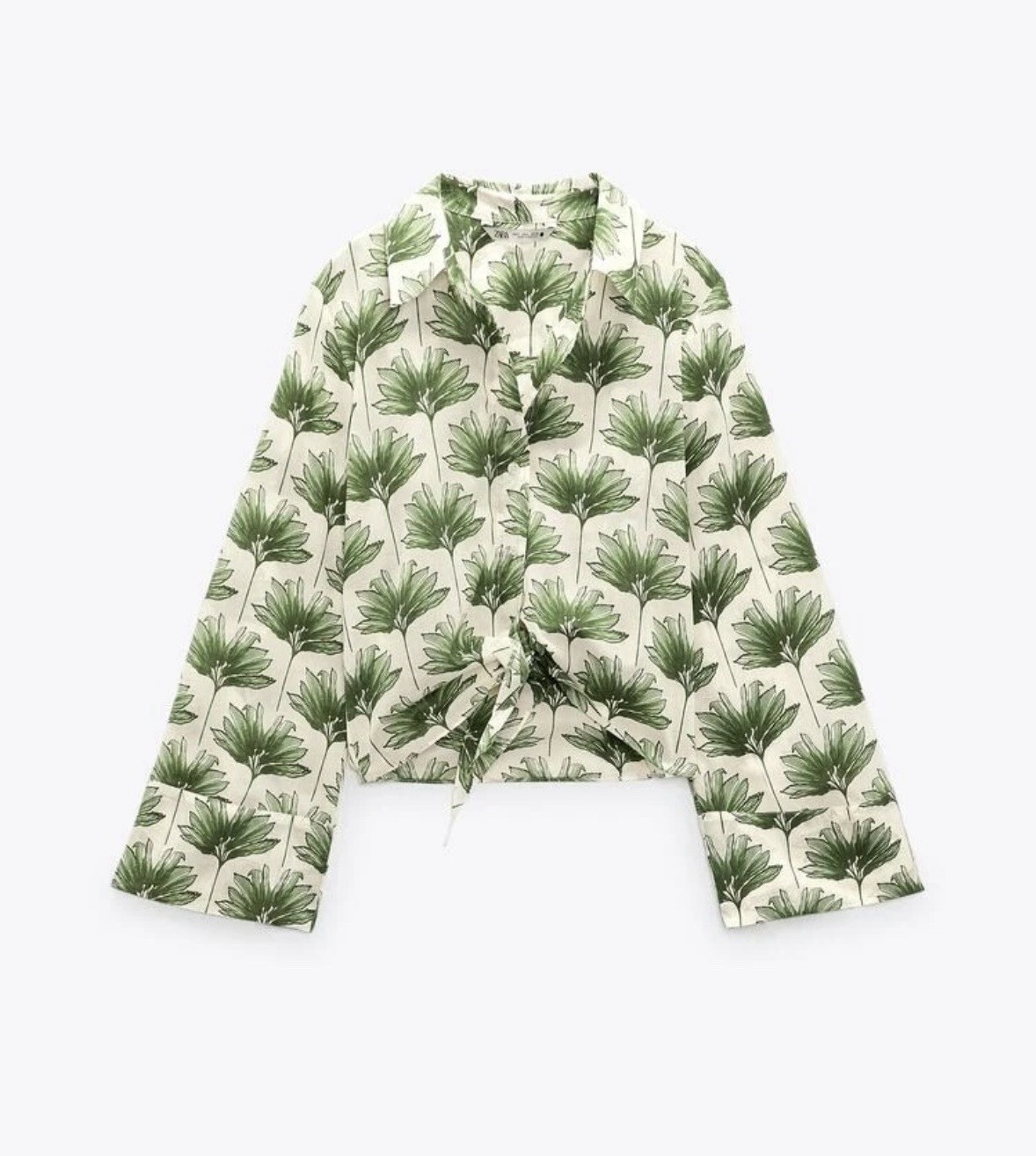 Zara Tropical Palm Leaf Print Tie Front Cropped Button Up Shirt Long Sleeve L