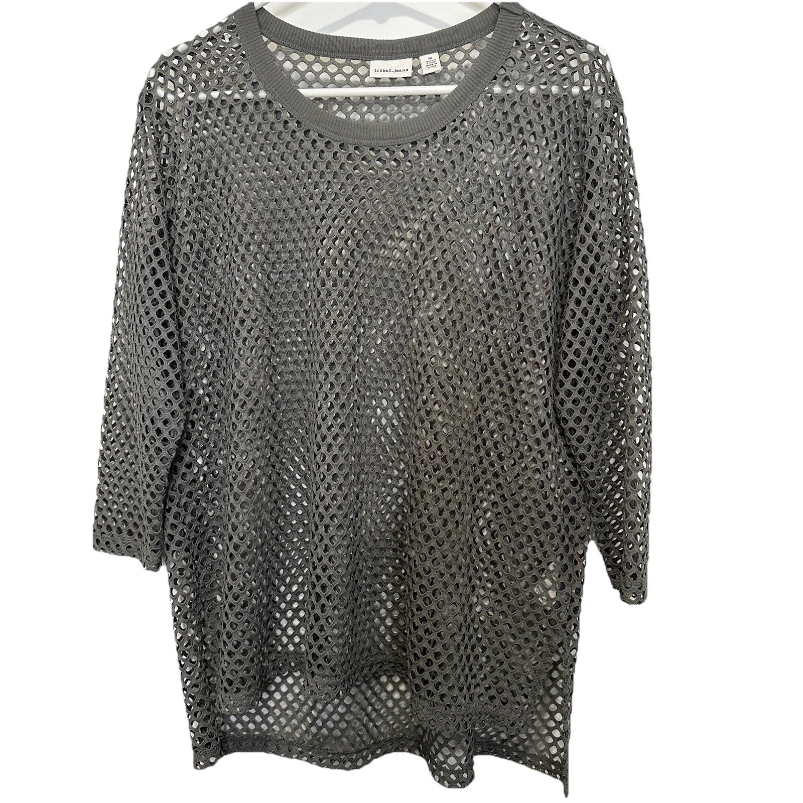 Tribal Jeans Womens Mesh Shirt Medium Gray 3/4 Sleeve Stretch Sheer Tunic Top