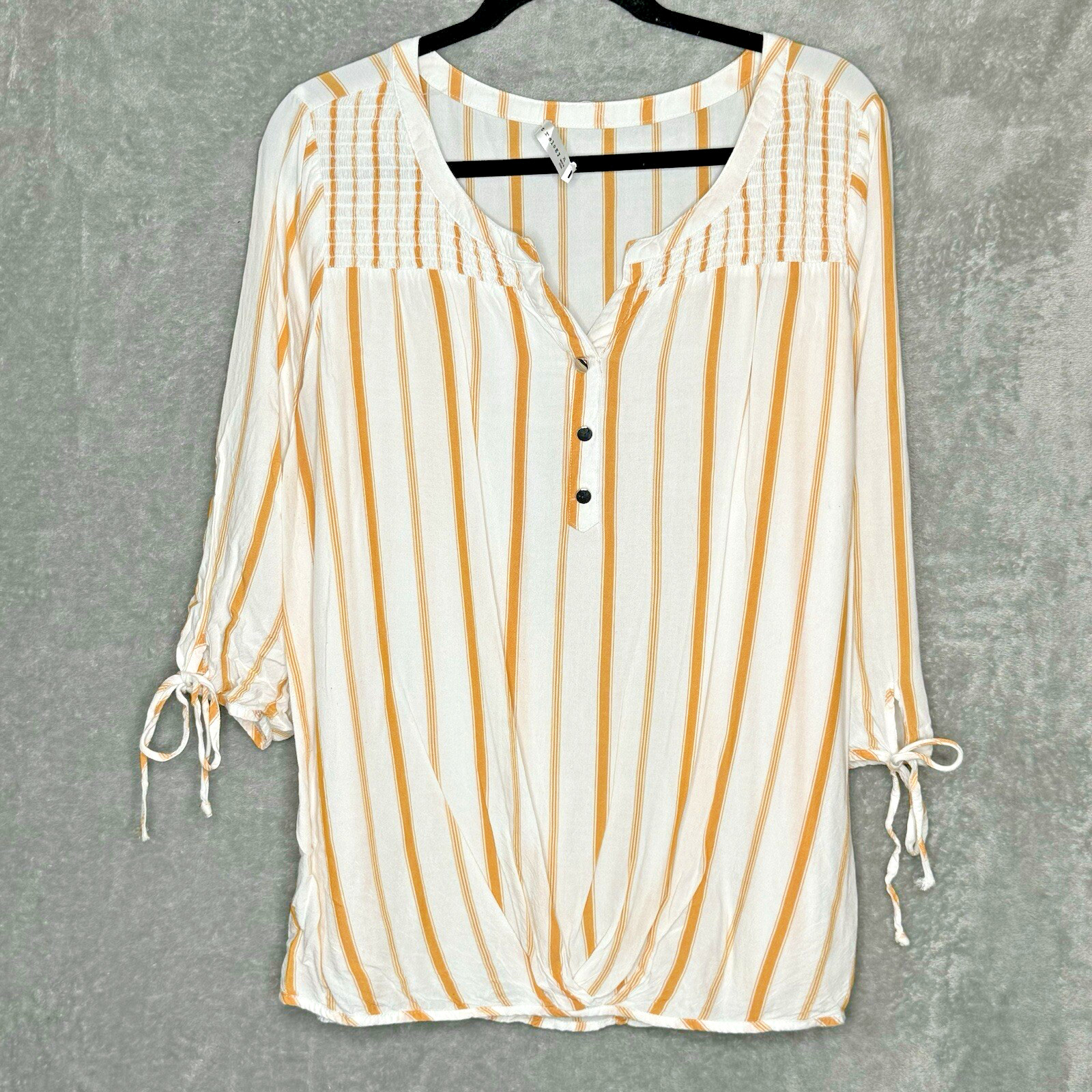 Retrology Womens XL Top Shirt Gold Striped Split Scoop Neck 3/4 Sleeve Henley