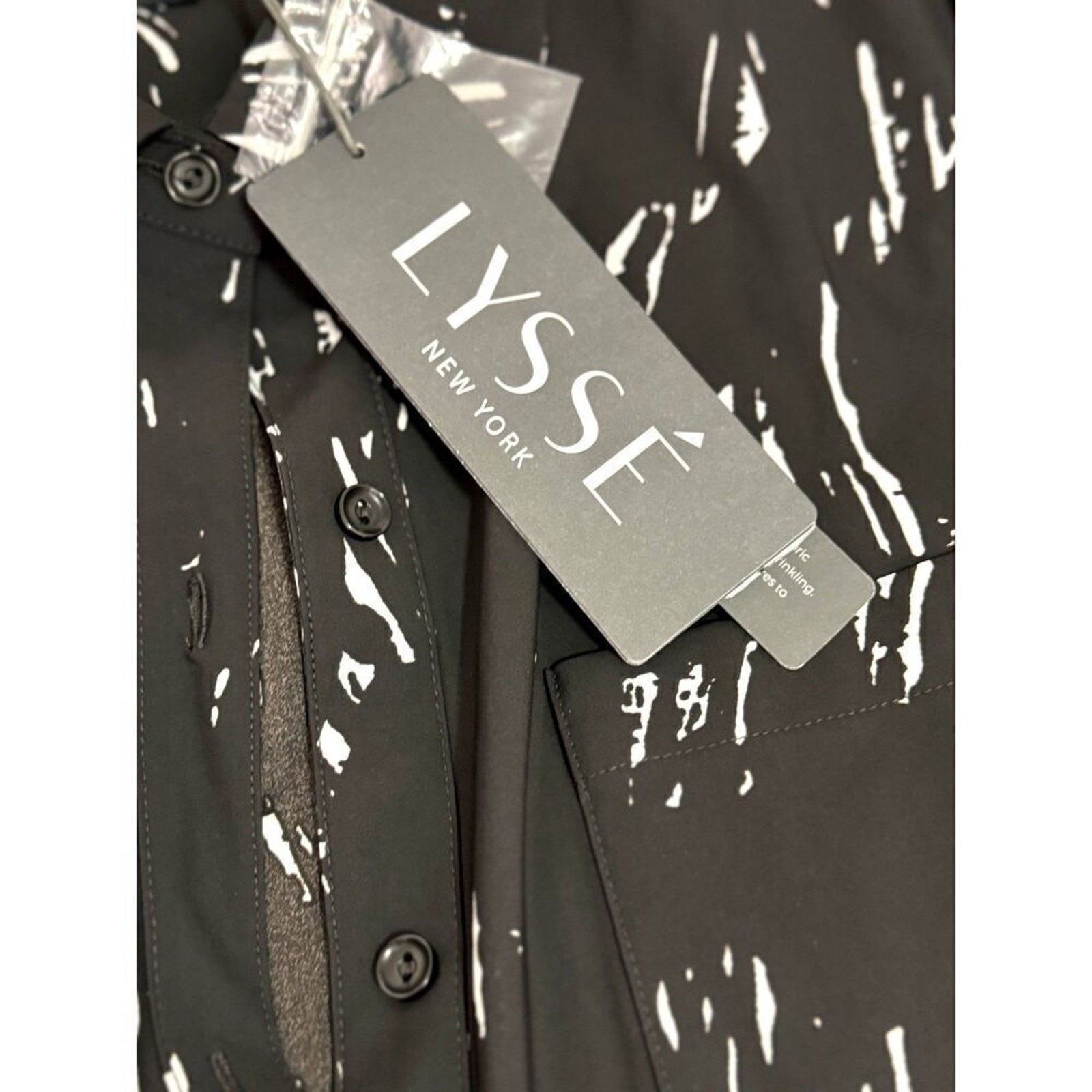 NWT Lyssé Nylon Blend Long Sleeve Designer Top Sz L Black and White Design