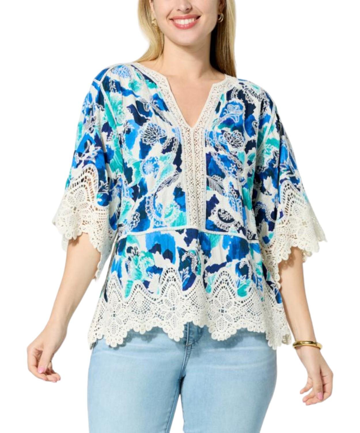 Democracy Embroidered Crochet Trim Peplum Top Off-White/Cobalt Multi