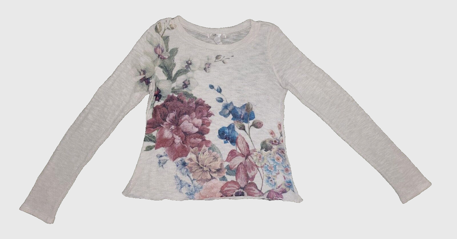 Gaze USA Womens Cream Floral Scoop Neck Thin Knit Sweater Shirt Top Size S