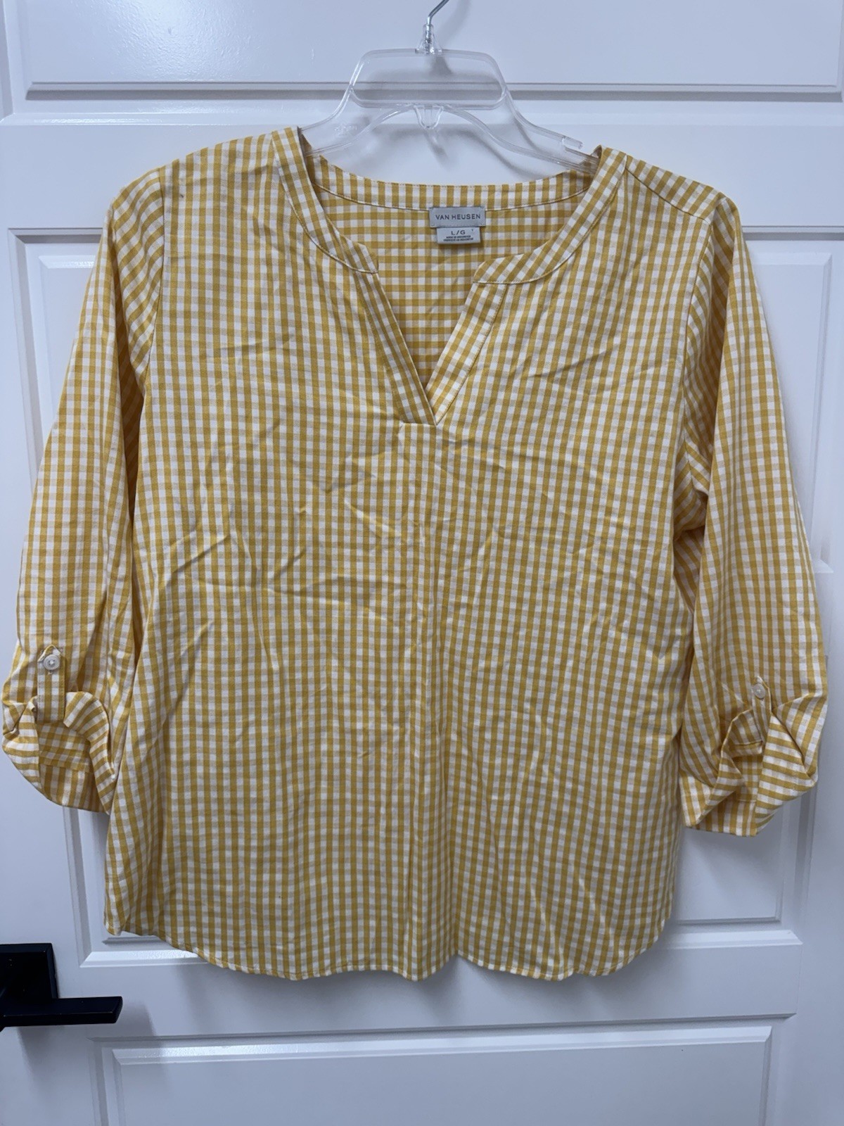 Large Van Heusen Women’s Top Blouse Tunic Yellow White Check A4