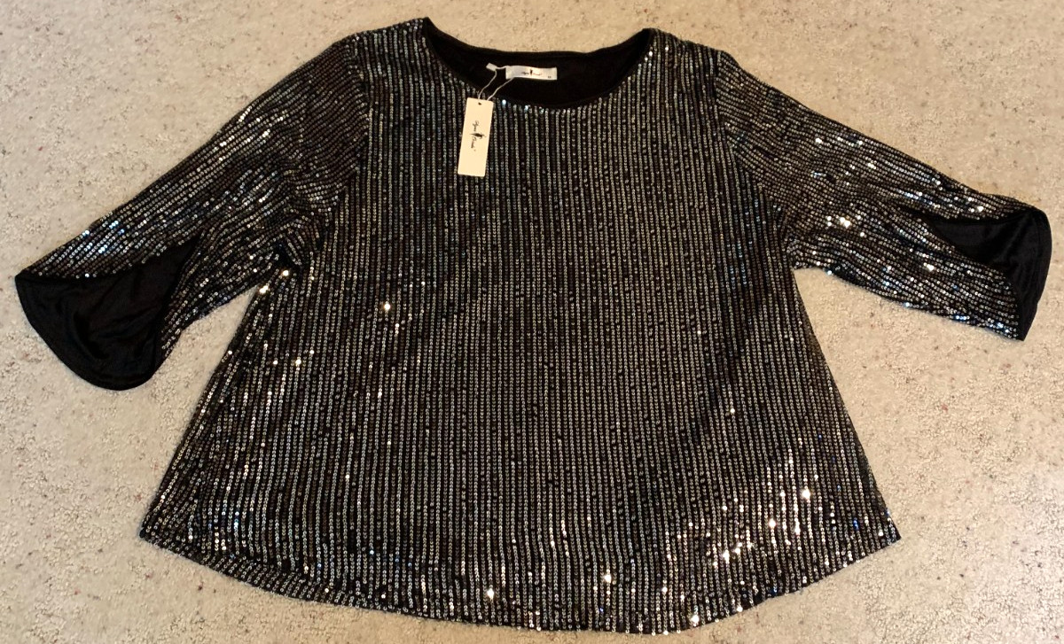 Agnes Orinda Womens Top, Black Sequin w/Tulip Sleeves Evening Occasion 3X NWT