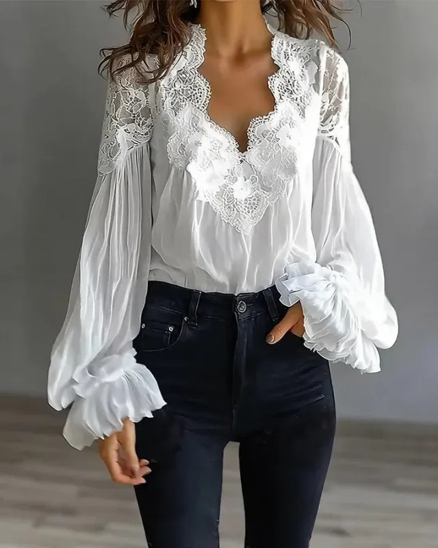 Blusa Mujer Color Sólido V-cuello Encaje Manga Farol Elegante Oficina