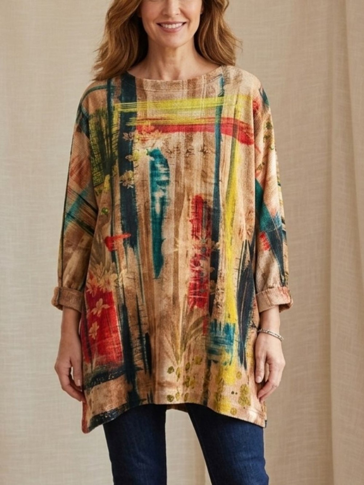 Ali Miles Women’s XL Tunic Top Multicolor Painterly Abstract Art To Wear NWT