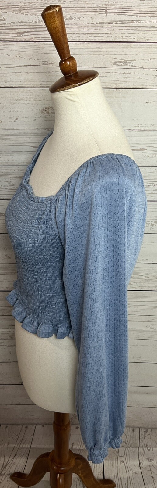 SO Crop Top Peasant Boho Solid Blue Long Sleeve Size L