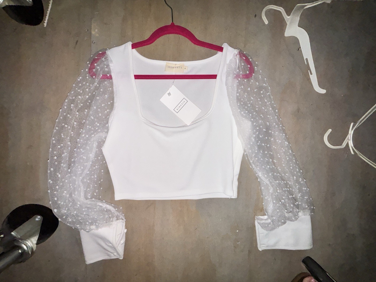 NineXis White Cropped Square Neck Sheer Mesh Polka Dot Long Sleeve Top M NWT