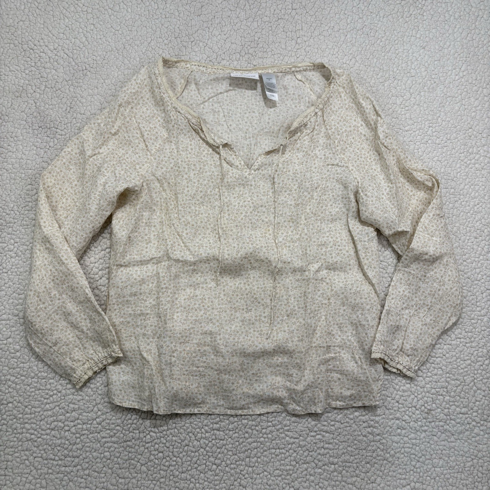 Liz Claiborne 100% Linen Floral Peasant Blouse Top M Petite Beige Ivory Lace