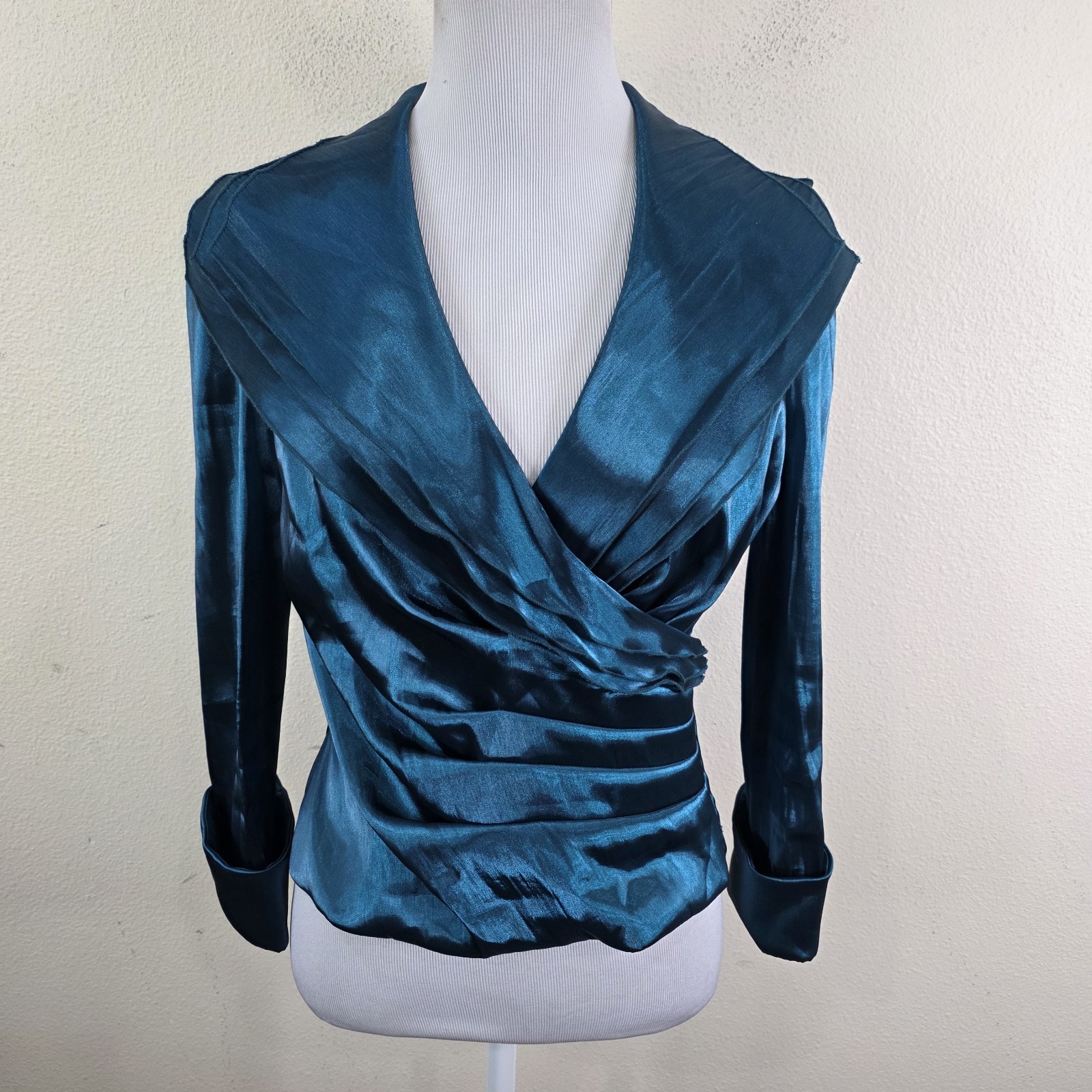 Vintage Cachet Y2K Organza Iridescent Teal V-Neck Shirt Size 4 Stretch