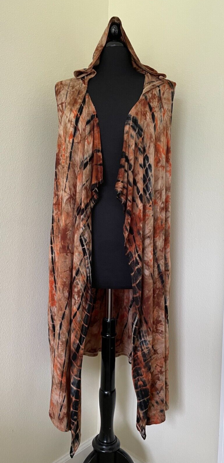 COIN 1804 Hooded Topper Vest Open Cardigan Duster Sleeveless Tie Dye Size Large